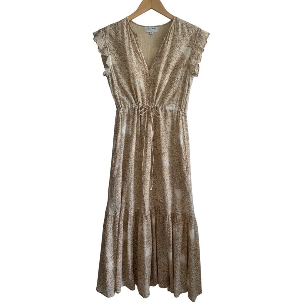 OLIVIA JAMES Delia Midi Dress in Summer Shells Sand | Tan Flutter Sleeve Medium